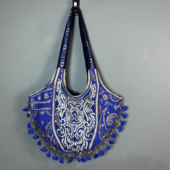 Boho Cross body Bag Tote Blue Colbalt India tassels beaded festival hippie - Picture 2 of 8